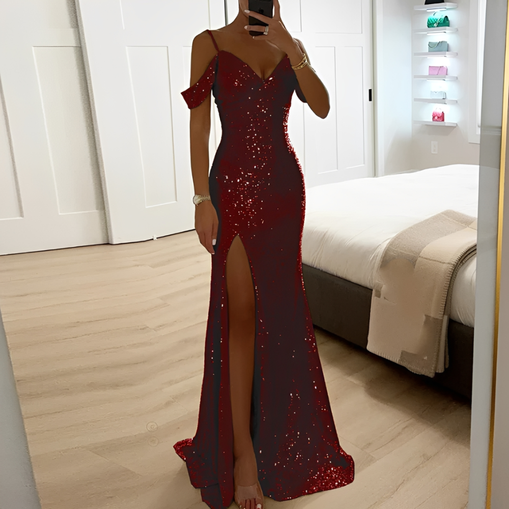 Lorena – Robe de soirée pour femmes avec paillettes, épaules nues et fente