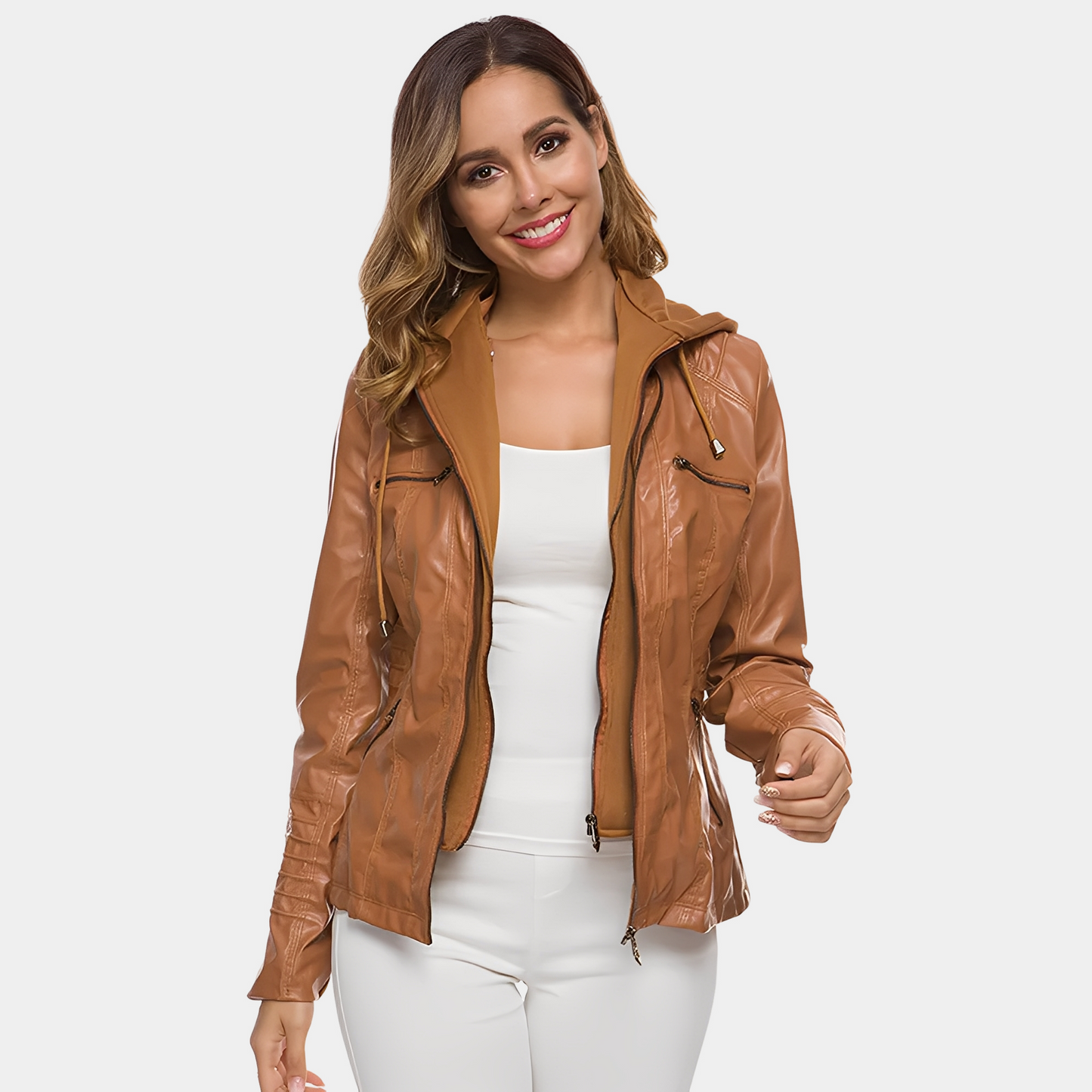 Jaylene - Veste en cuir imperméable et élégante avec capuche pour femmes