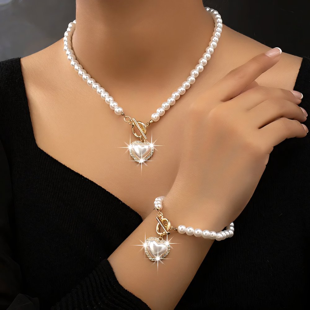 Lara – Ensemble de collier et bracelet Cœur Perlé