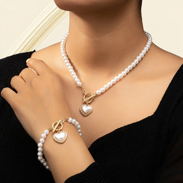 Lara – Ensemble de collier et bracelet Cœur Perlé