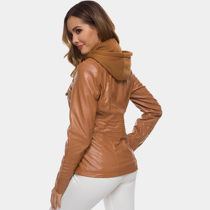Jaylene - Veste en cuir imperméable et élégante avec capuche pour femmes