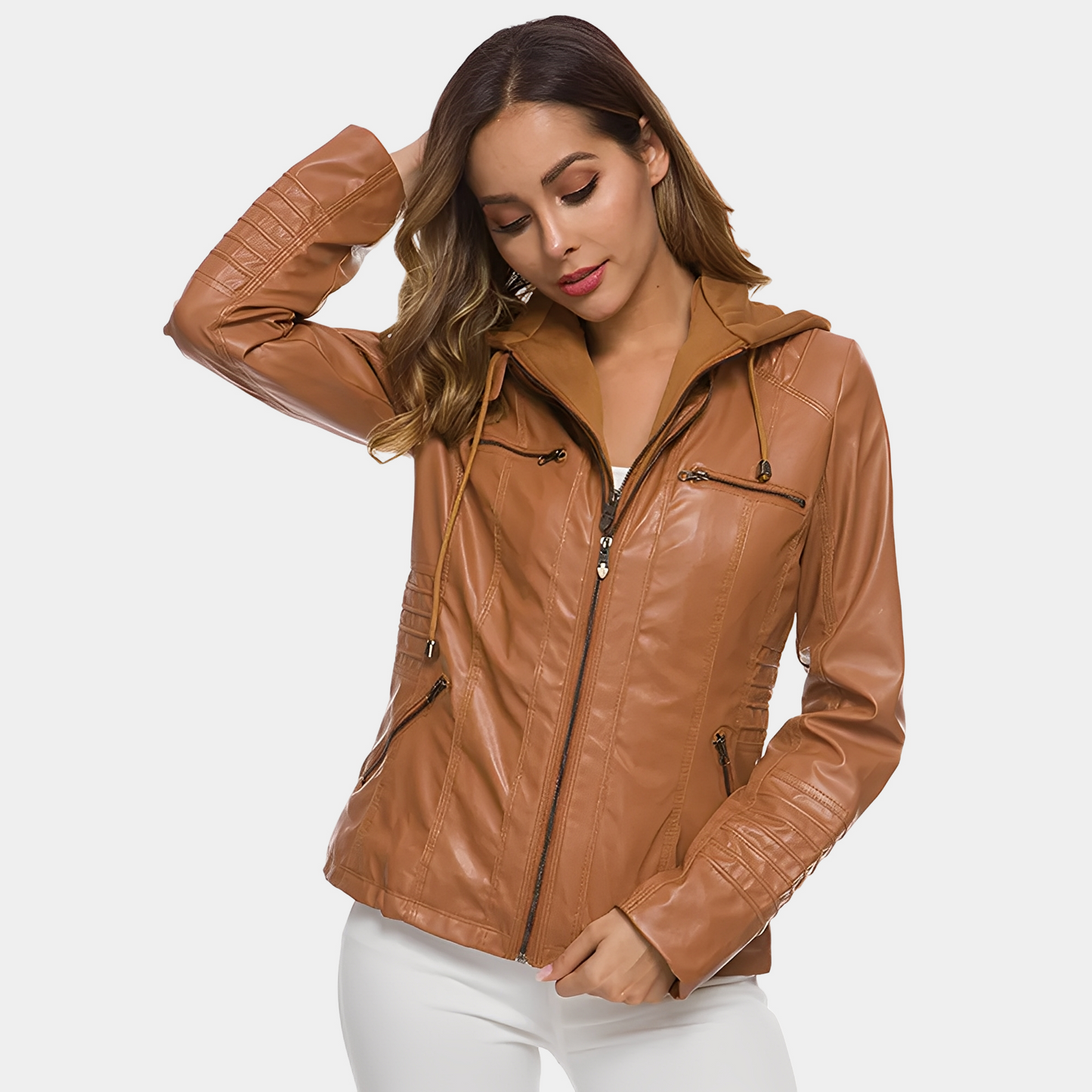 Jaylene - Veste en cuir imperméable et élégante avec capuche pour femmes