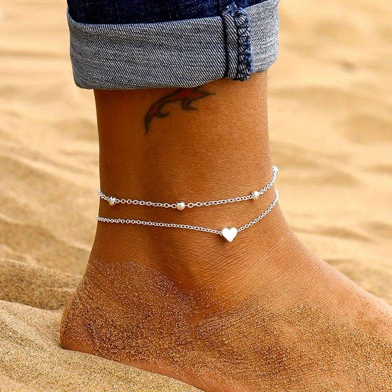 Mini bracelet de cheville en forme de cœur - Bracelet d'amour à double couche