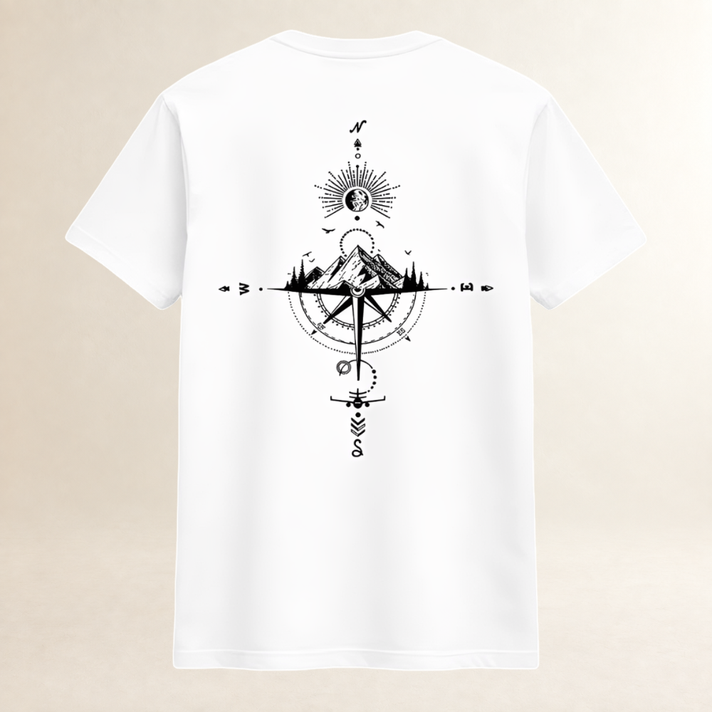 Homme T-shirt à col ras‑bord, manches courtes, imprimé dos compas et montagne, coupe regular