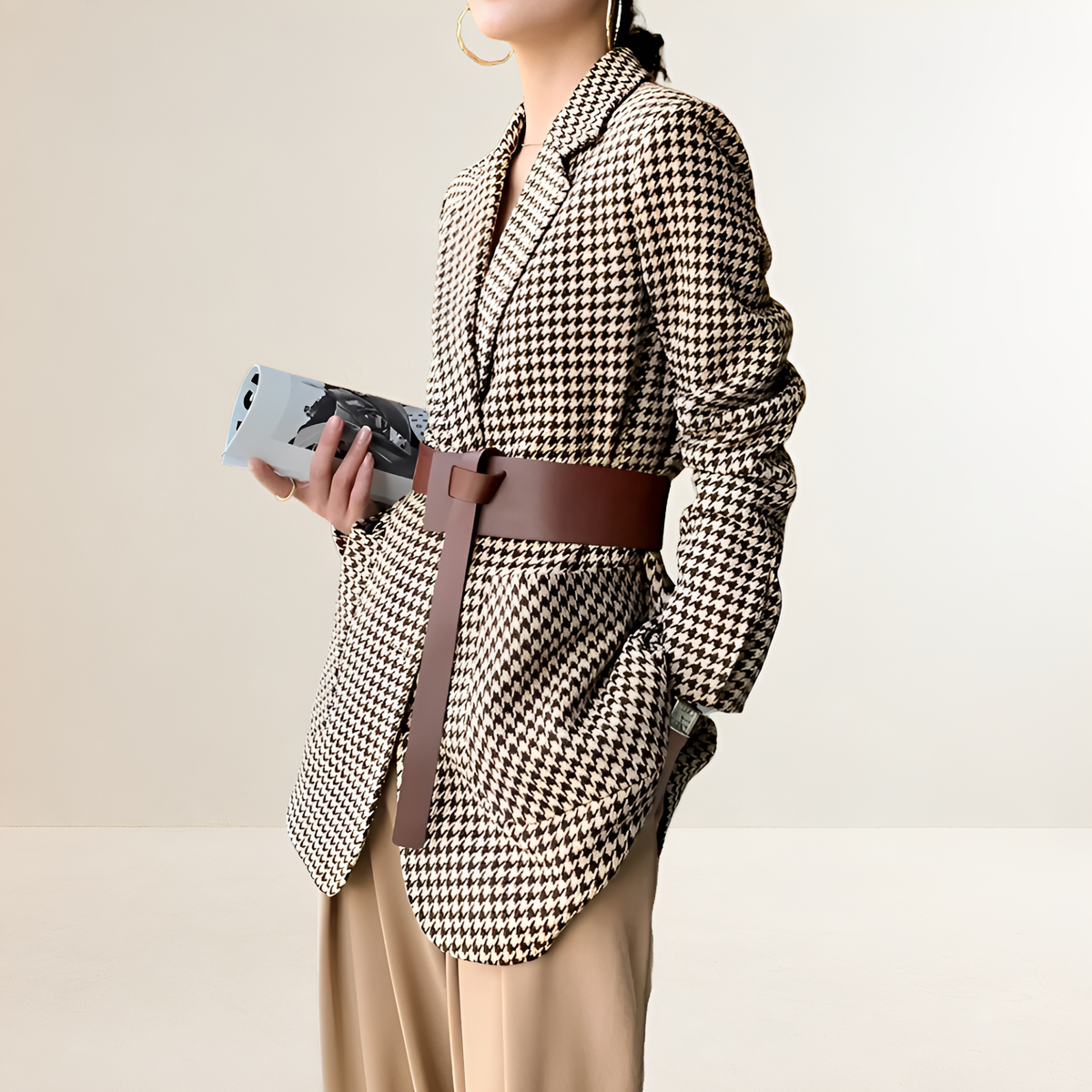 Blazer femme à motif pied-de-poule, manches longues, ceinture, coupe ajustée