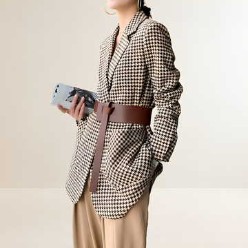 Blazer femme à motif pied-de-poule, manches longues, ceinture, coupe ajustée