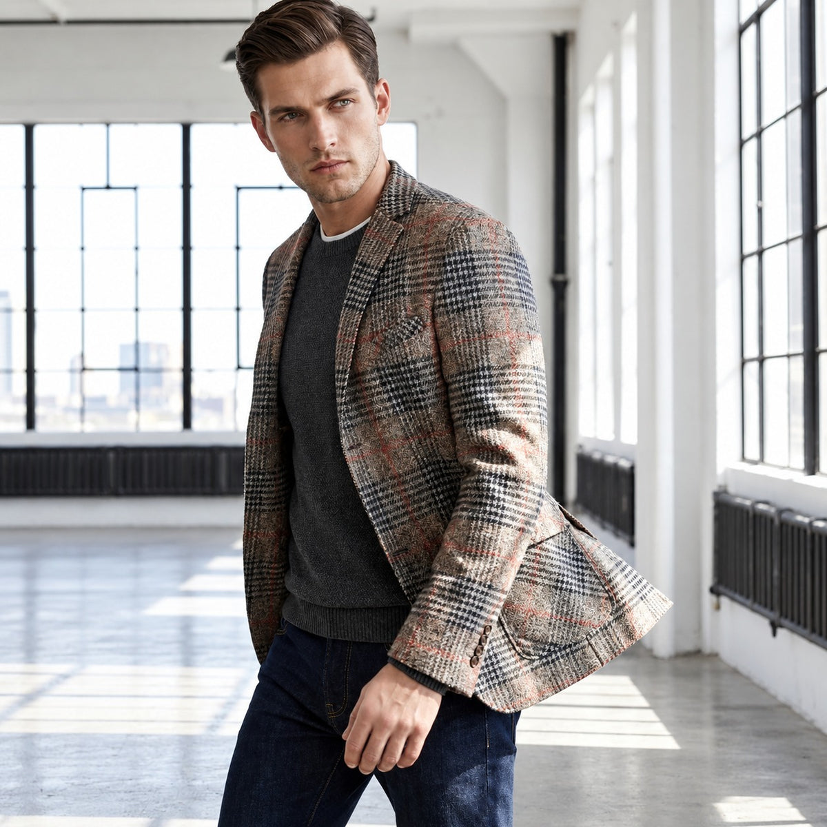 Blazer homme à carreaux Glen coupe décontractée poches patch