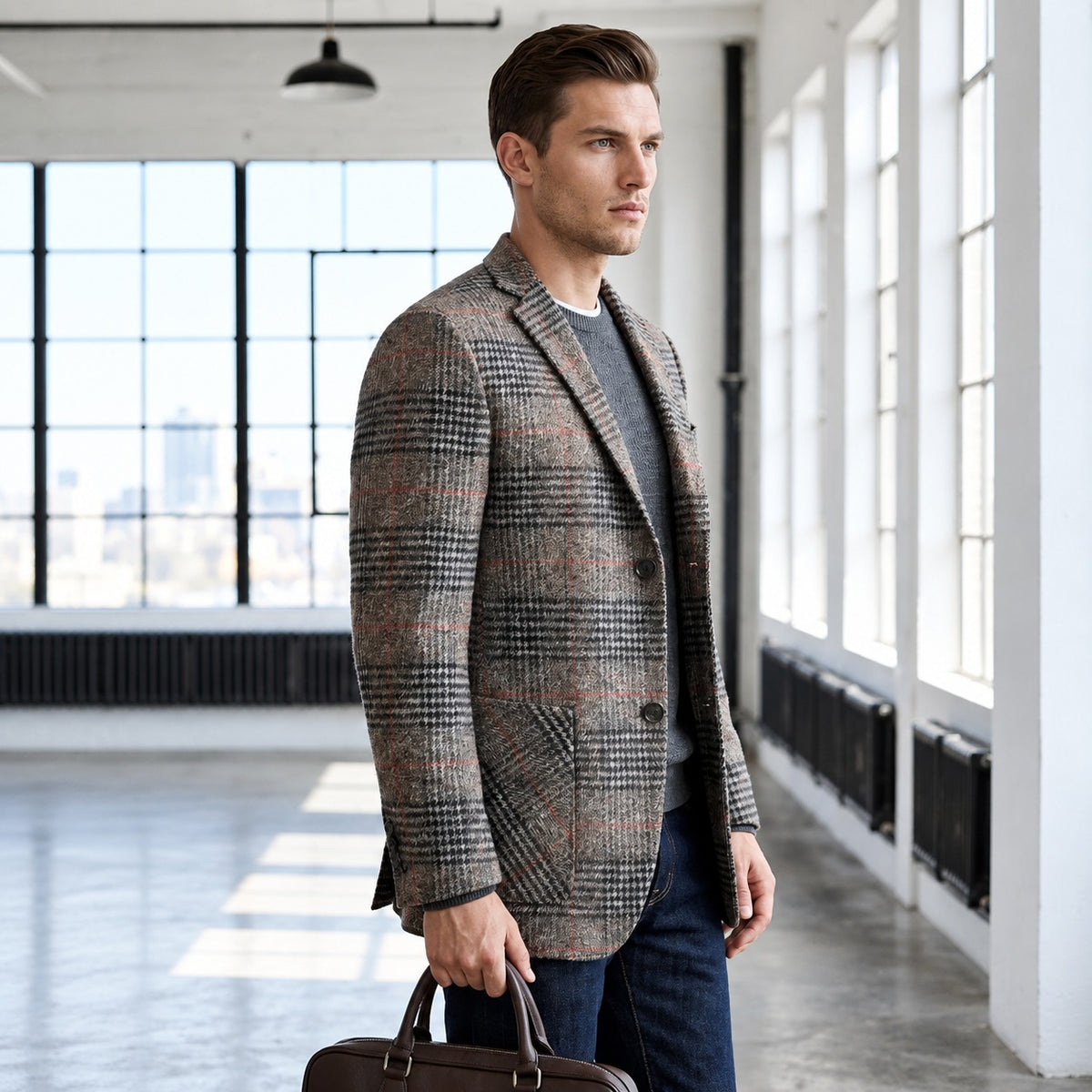 Blazer homme à carreaux Glen coupe décontractée poches patch