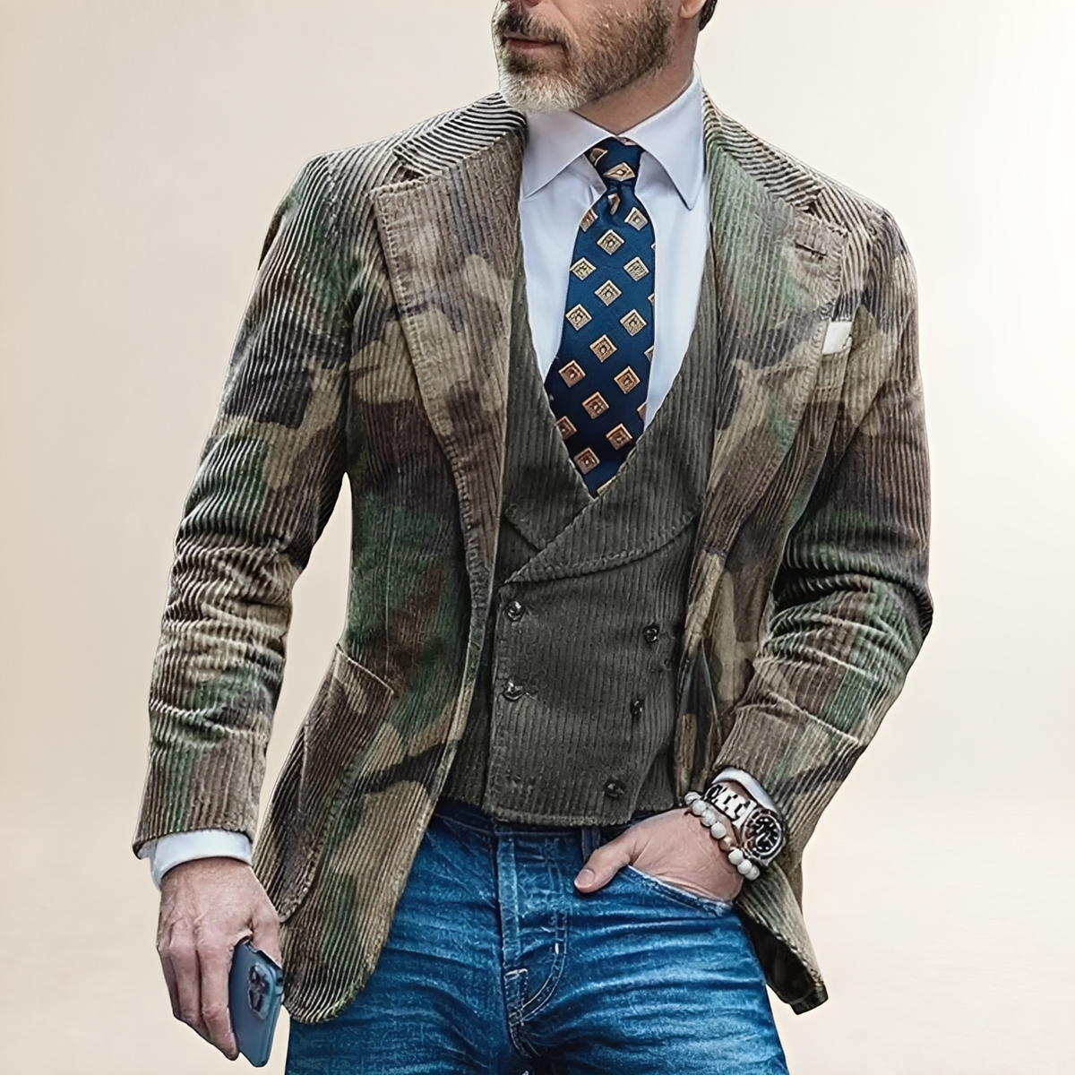 Blazer homme à motif camouflage à boutonnière simple - coupe ajustée