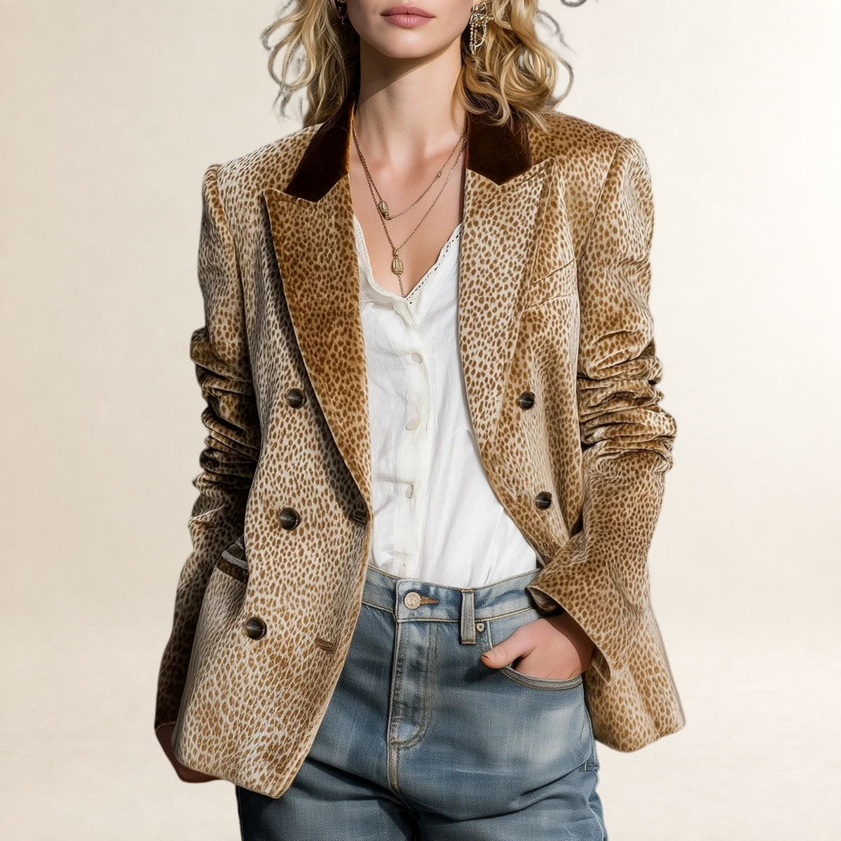 Blazer pour femmes à coupe décontractée avec motif léopard et col coloré en bloc
