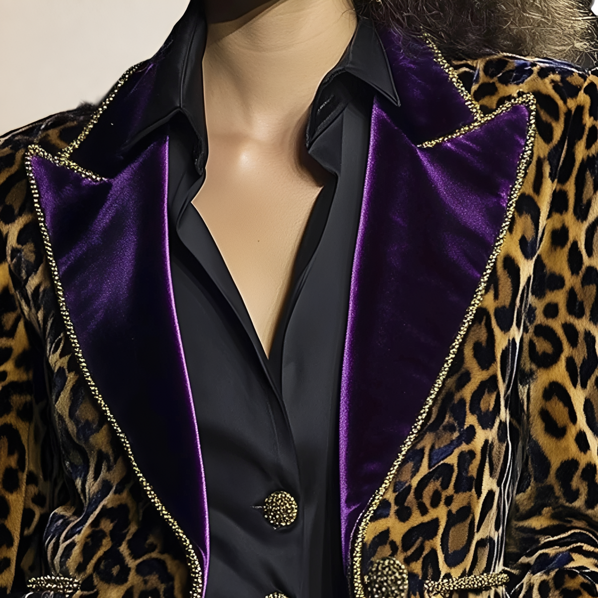 Blazer pour femmes à motif léopard coupe droite revers contrastés