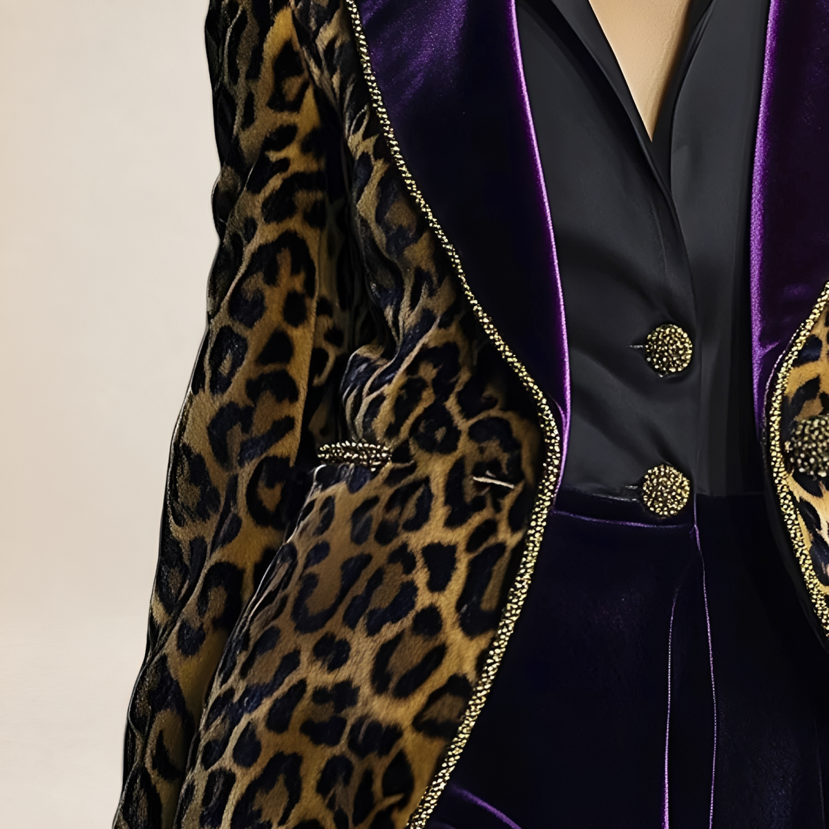 Blazer pour femmes à motif léopard coupe droite revers contrastés