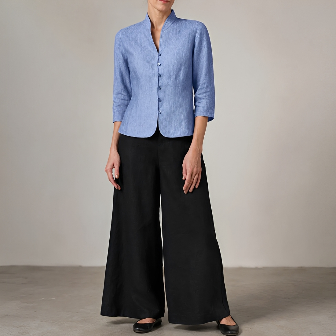 Blouse femme à boutons col V manches longues coupe décontractée