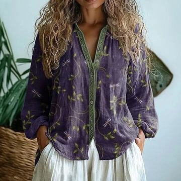 Blouse femme à boutons sur toute la longueur - col en V, manches longues, coupe décontractée, patte de boutonnage brodée, imprimé feuillage