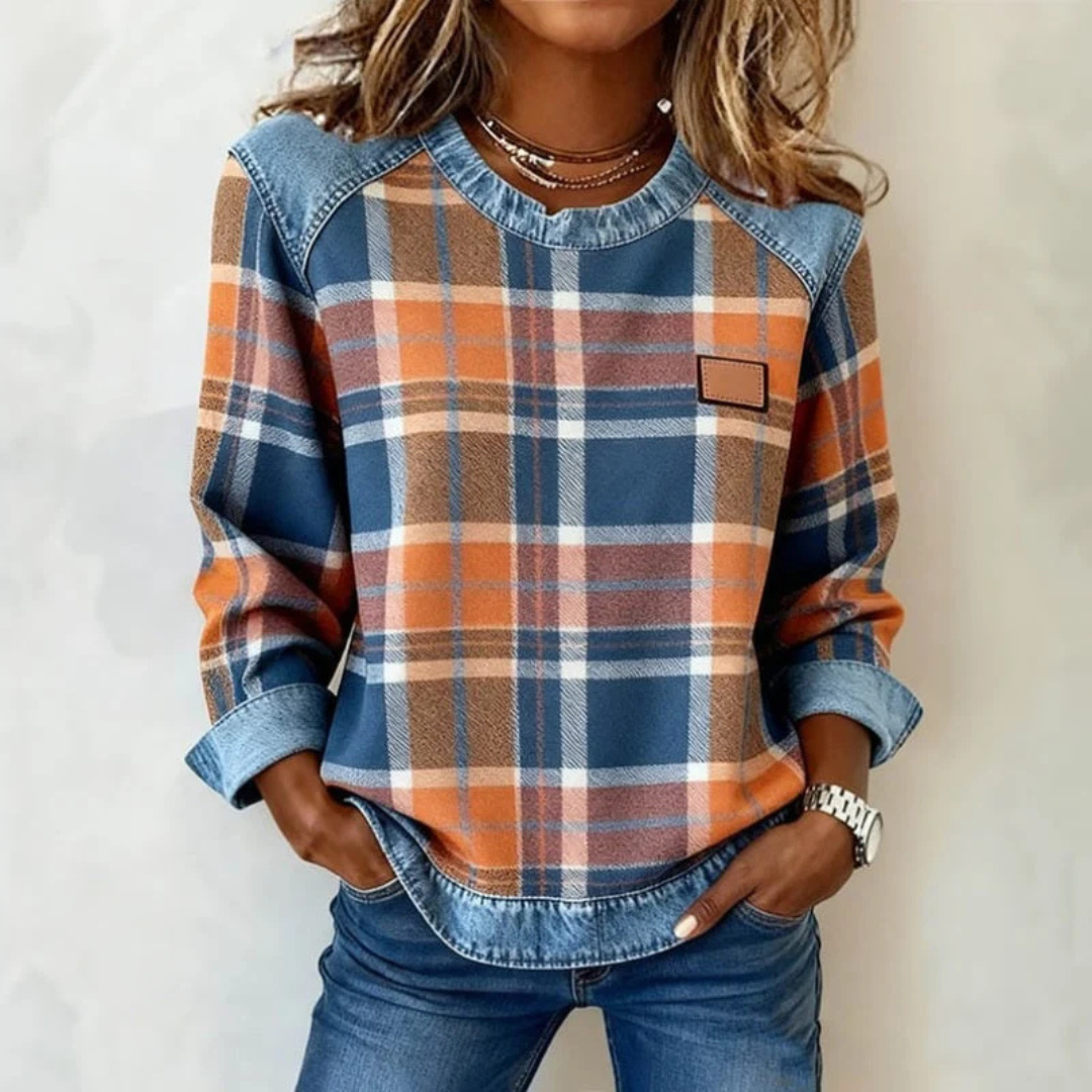 Blouse femme à carreaux - col rond, manches raglan longues, empiècement et ourlet contrastés, coupe décontractée