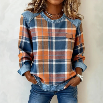 Blouse femme à carreaux - col rond, manches raglan longues, empiècement et ourlet contrastés, coupe décontractée