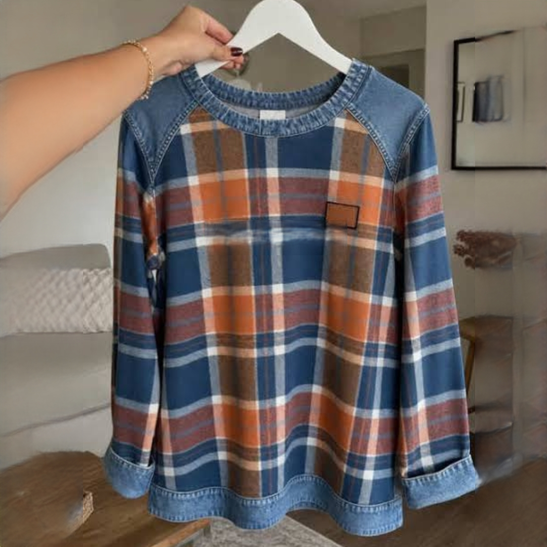 Blouse femme à carreaux - col rond, manches raglan longues, empiècement et ourlet contrastés, coupe décontractée