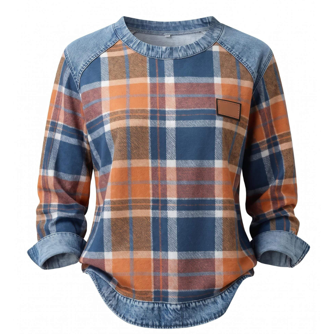 Blouse femme à carreaux - col rond, manches raglan longues, empiècement et ourlet contrastés, coupe décontractée