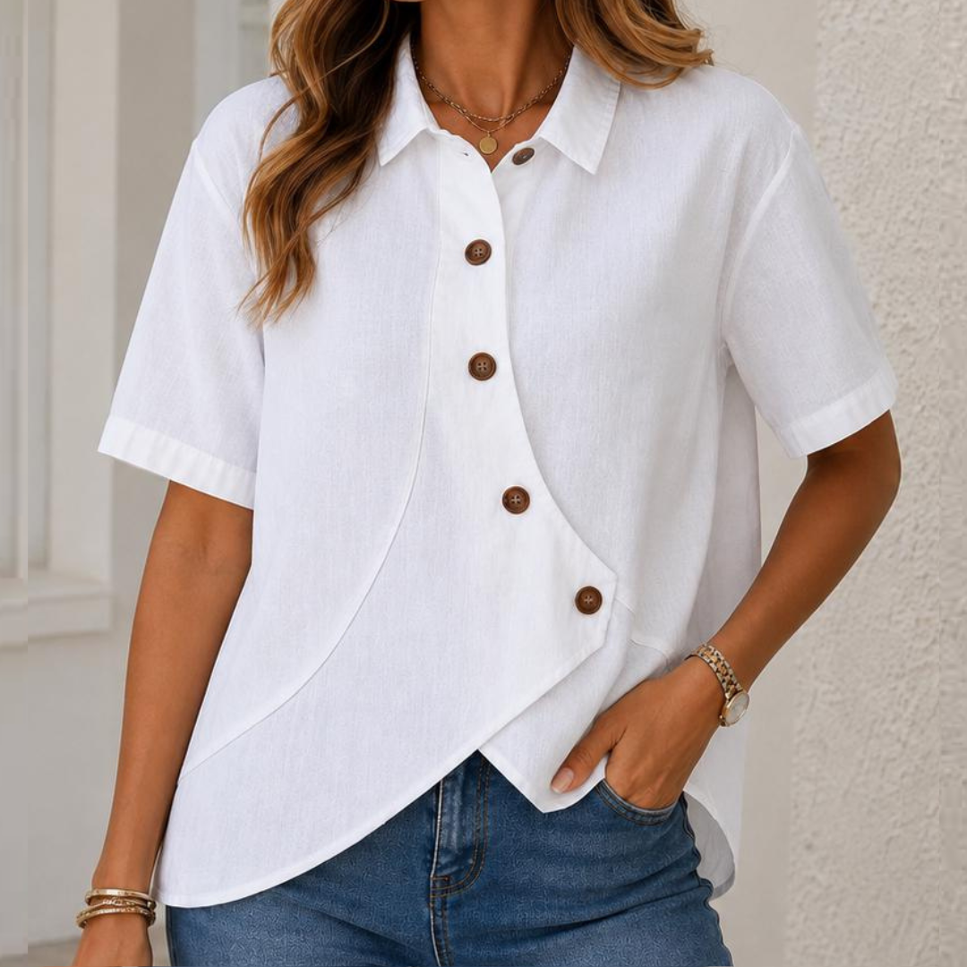 Blouse femme à col chemise et boutons frontaux asymétriques - coupe décontractée