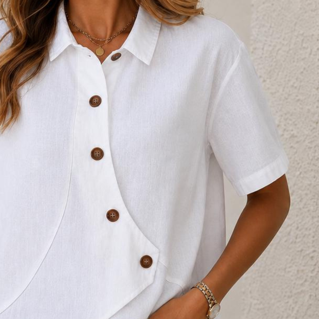 Blouse femme à col chemise et boutons frontaux asymétriques - coupe décontractée