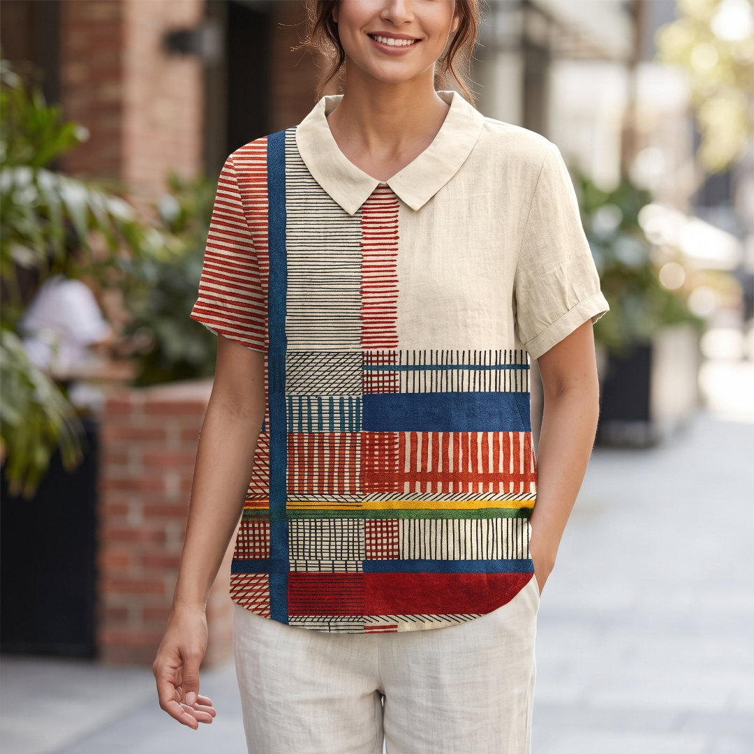 Blouse femme à col chemise, manches courtes, broderie florale, coupe droite décontractée, longueur hanches, ourlet arrondi