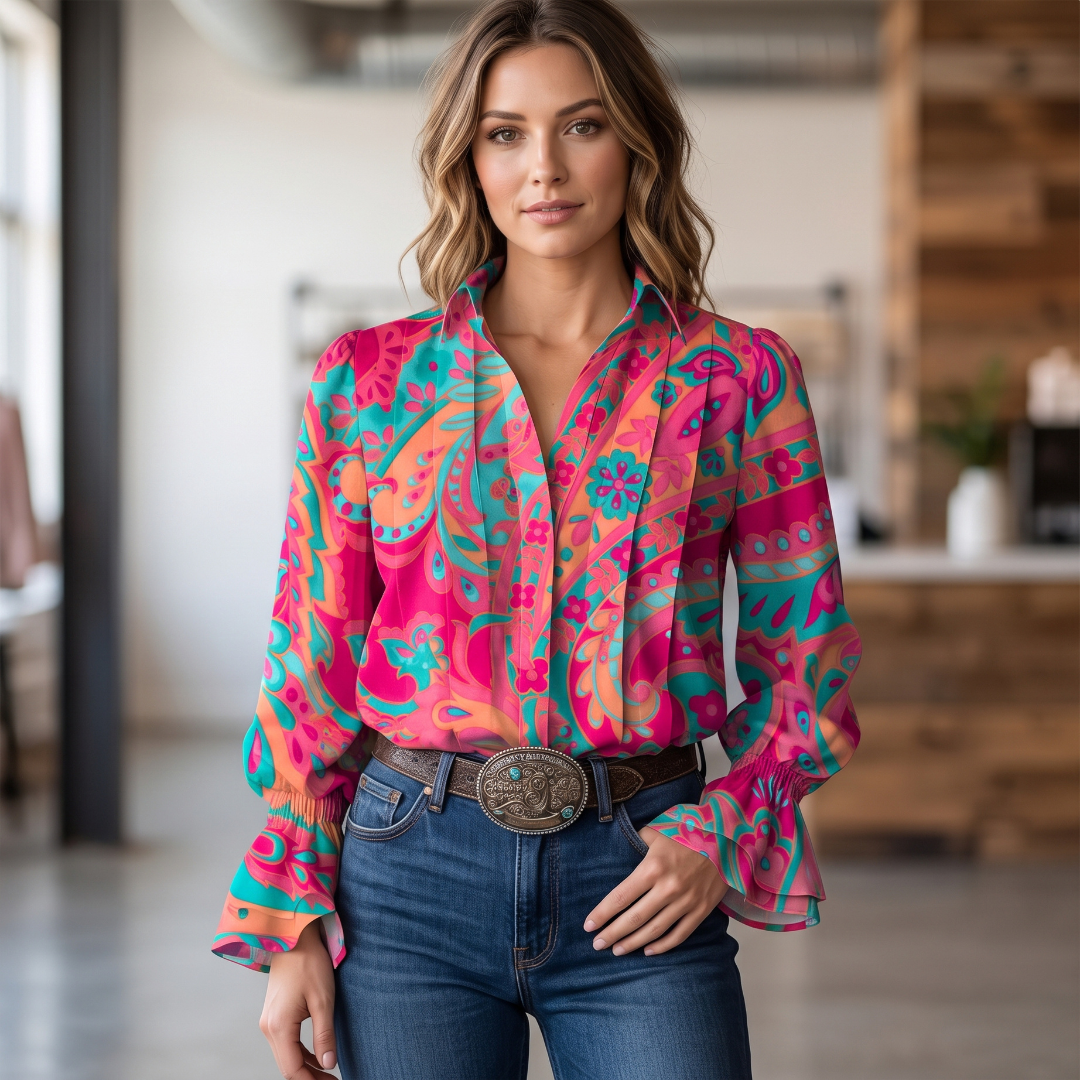 Blouse femme à col chemise manches longues, coupe décontractée, imprimé paisley floral, poignets à volants froncés