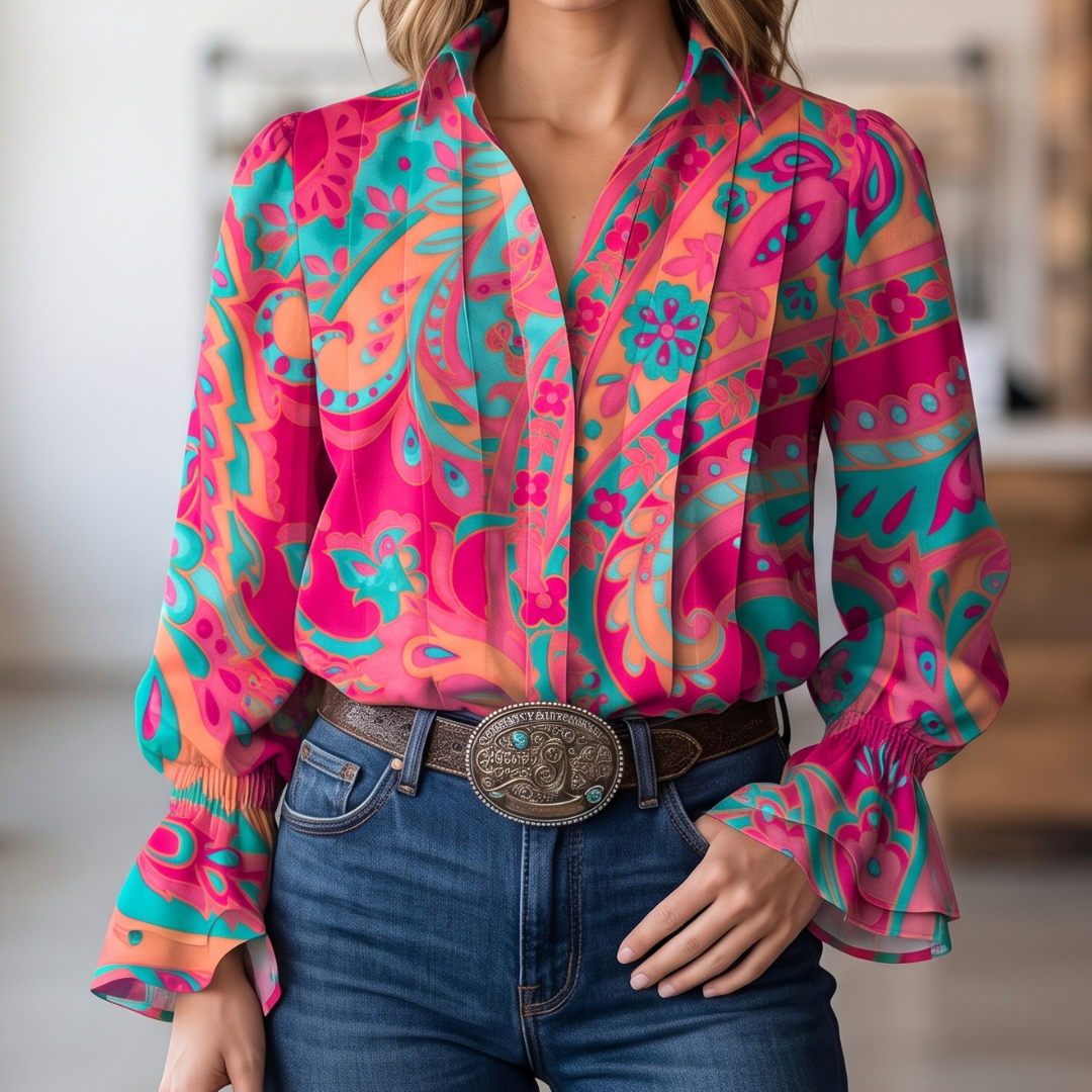 Blouse femme à col chemise manches longues, coupe décontractée, imprimé paisley floral, poignets à volants froncés