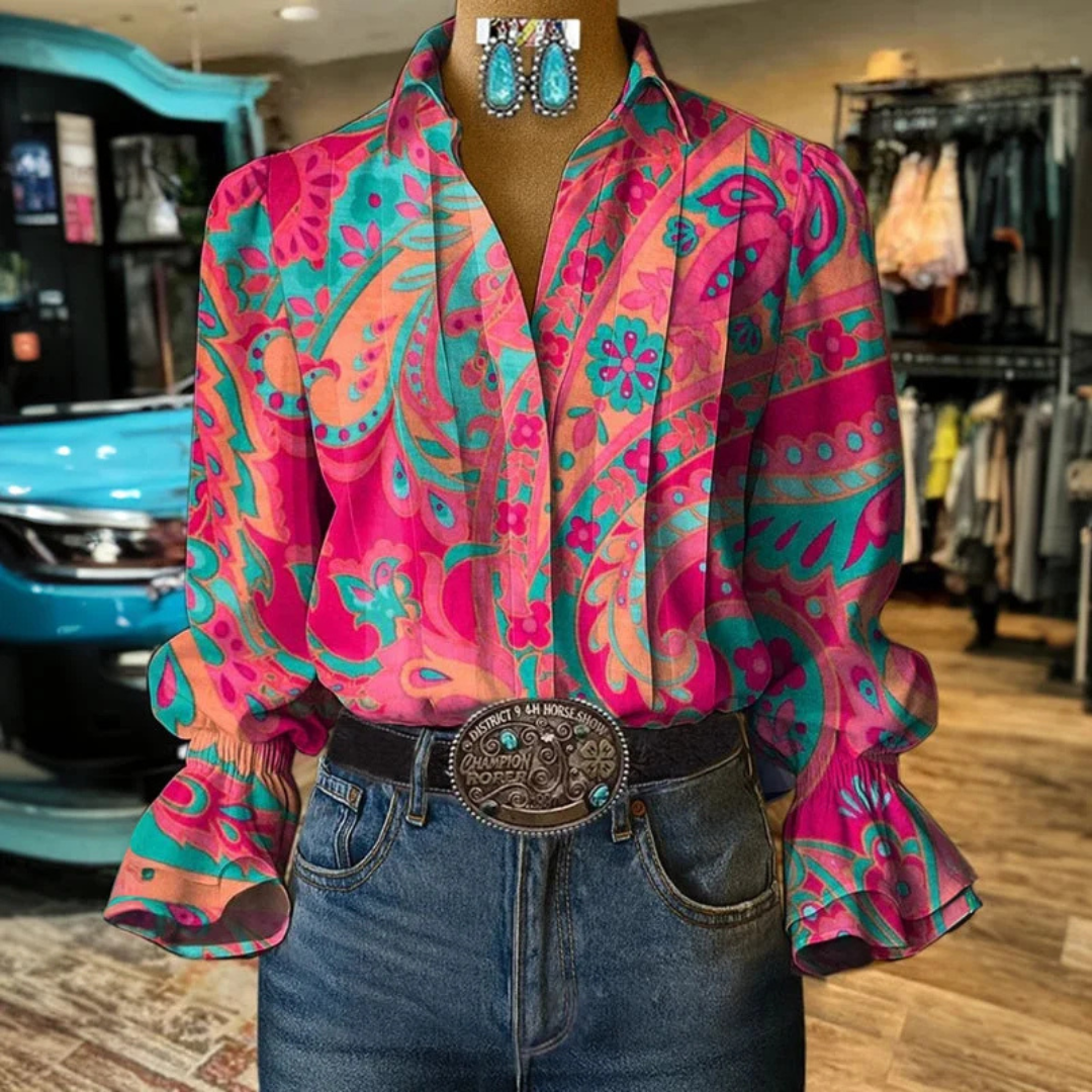 Blouse femme à col chemise manches longues, coupe décontractée, imprimé paisley floral, poignets à volants froncés