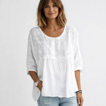 Blouse femme col en U à manches 3/4 - devant plissé à panneaux avec broderie florale, coupe décontractée