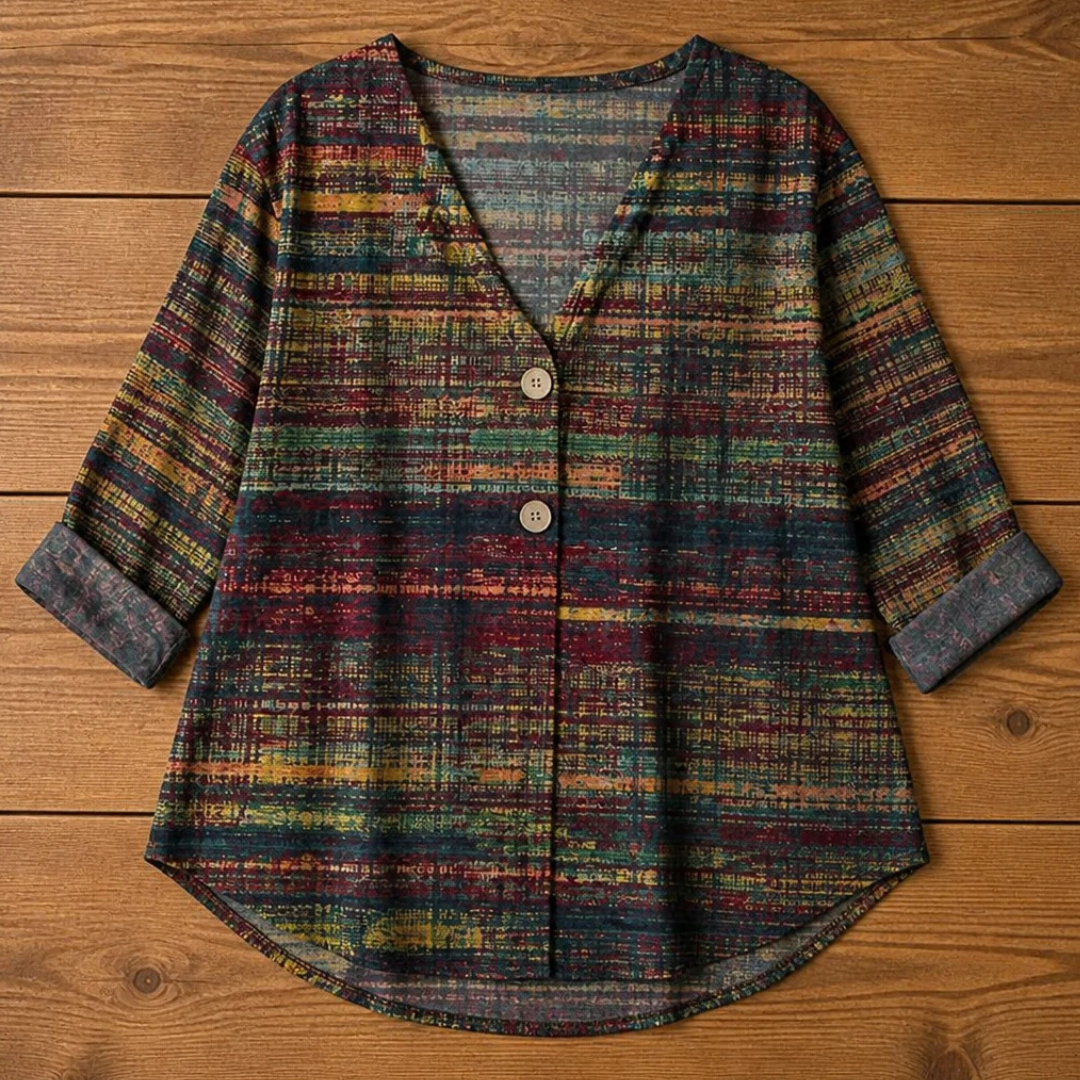 Blouse femme col en V avec bouton unique - coupe décontractée, manches 3/4 roulées, imprimé texturé à rayures, ourlet courbé