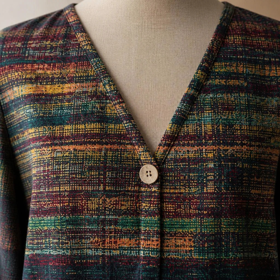 Blouse femme col en V avec bouton unique - coupe décontractée, manches 3/4 roulées, imprimé texturé à rayures, ourlet courbé
