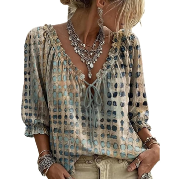 Blouse Femme à col en V avec nœud devant, manches 3/4 à poignets volants élastiques, coupe décontractée, motif grille abstraite