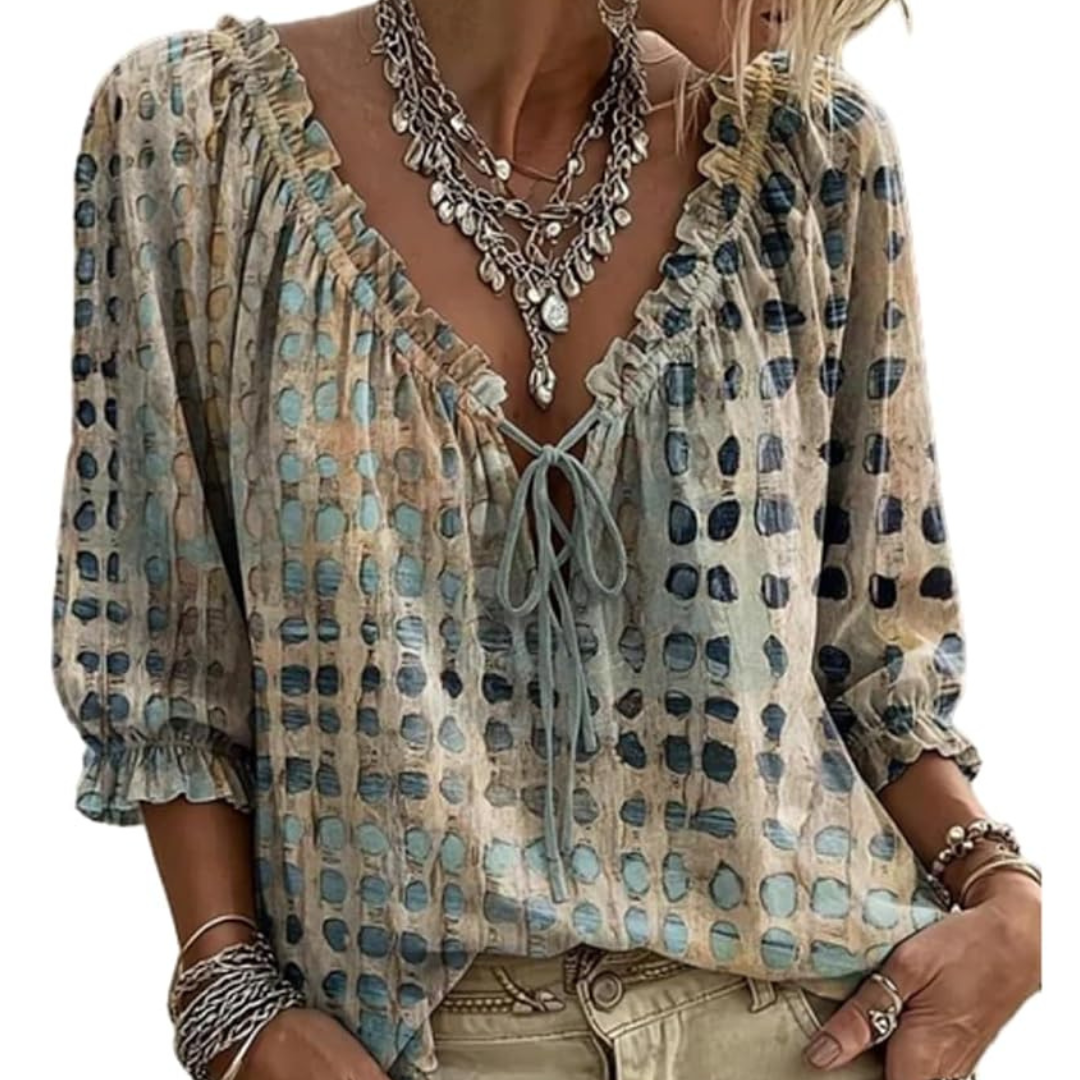 Blouse Femme à col en V avec nœud devant, manches 3/4 à poignets volants élastiques, coupe décontractée, motif grille abstraite