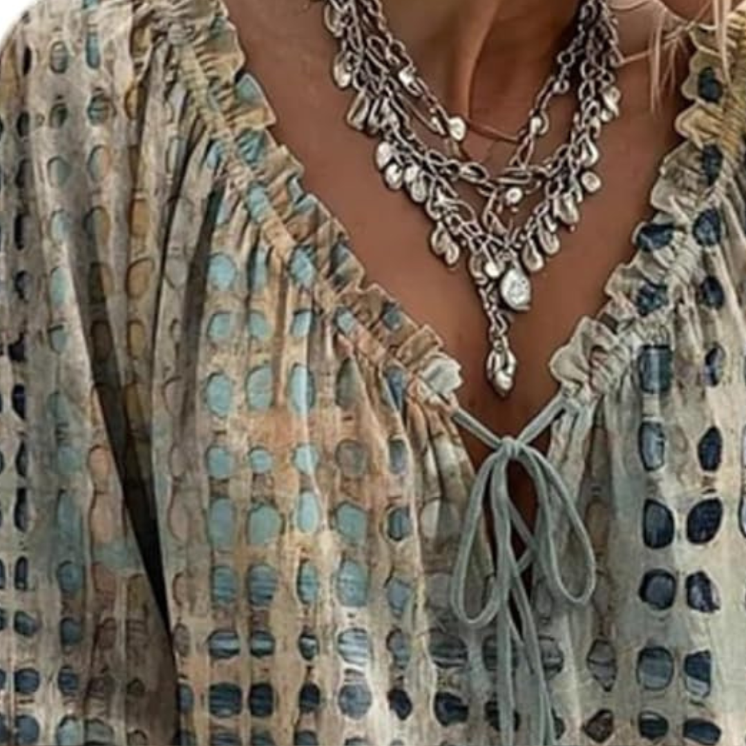 Blouse Femme à col en V avec nœud devant, manches 3/4 à poignets volants élastiques, coupe décontractée, motif grille abstraite