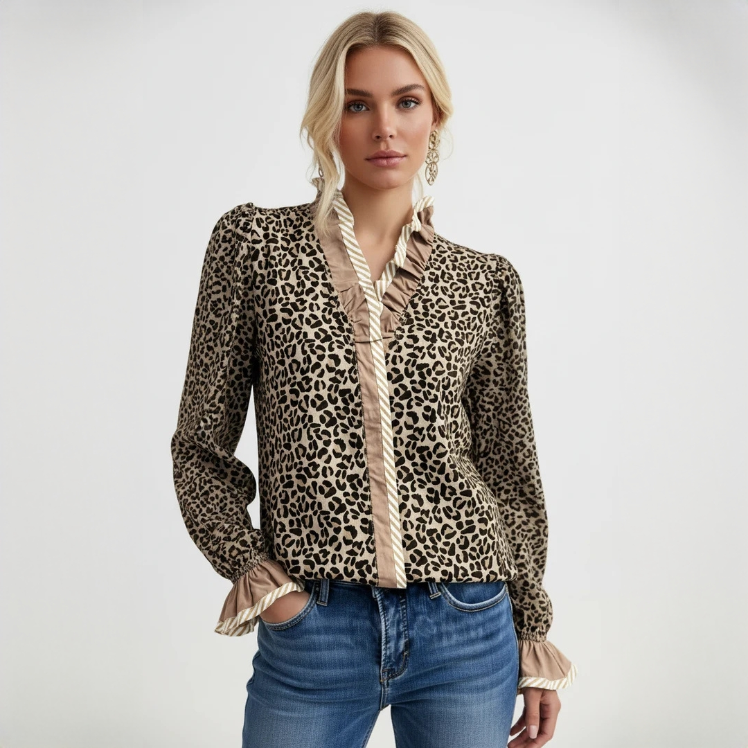 Blouse femme à col en V avec patte à volants et volants sur les manches bouffantes longues – imprimé léopard, coupe décontractée