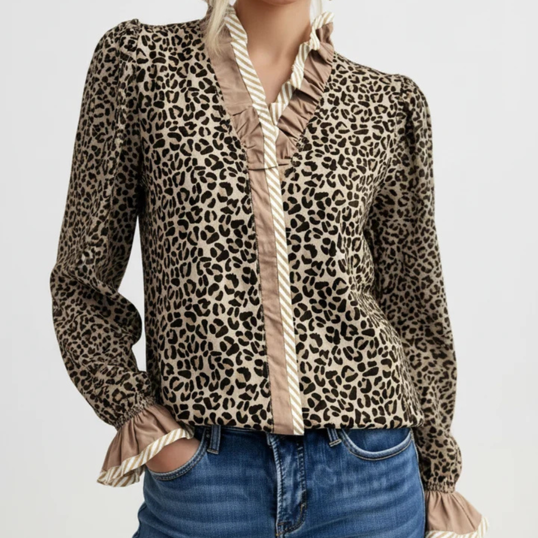 Blouse femme à col en V avec patte à volants et volants sur les manches bouffantes longues – imprimé léopard, coupe décontractée
