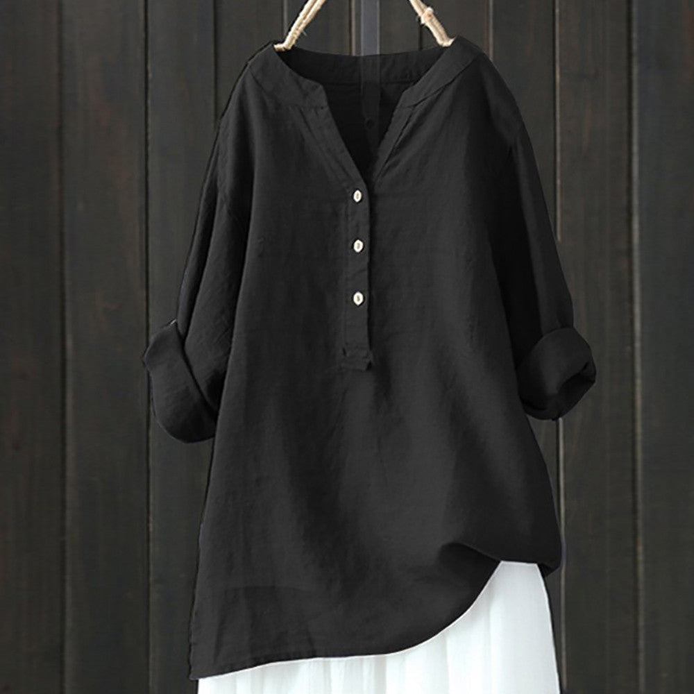 Blouse femme à col en V et patte de boutonnage 3 boutons manches longues botte roulées, coupe ample avec ourlet asymétrique