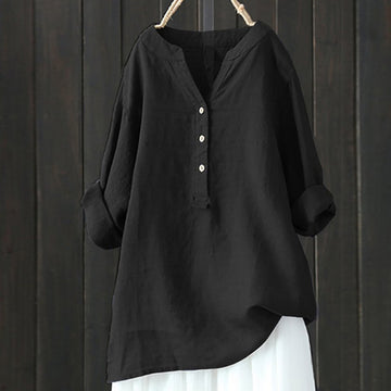 Blouse femme à col en V et patte de boutonnage 3 boutons manches longues botte roulées, coupe ample avec ourlet asymétrique