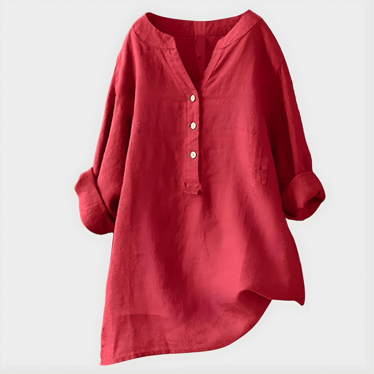 Blouse femme à col en V et patte de boutonnage 3 boutons manches longues botte roulées, coupe ample avec ourlet asymétrique