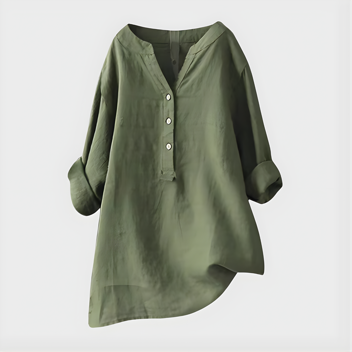 Blouse femme à col en V et patte de boutonnage 3 boutons manches longues botte roulées, coupe ample avec ourlet asymétrique