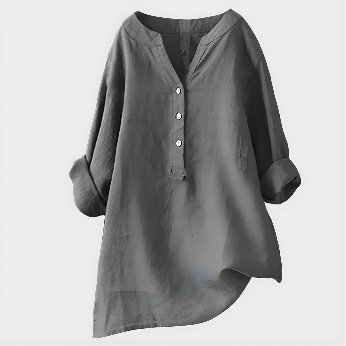 Blouse femme à col en V et patte de boutonnage 3 boutons manches longues botte roulées, coupe ample avec ourlet asymétrique