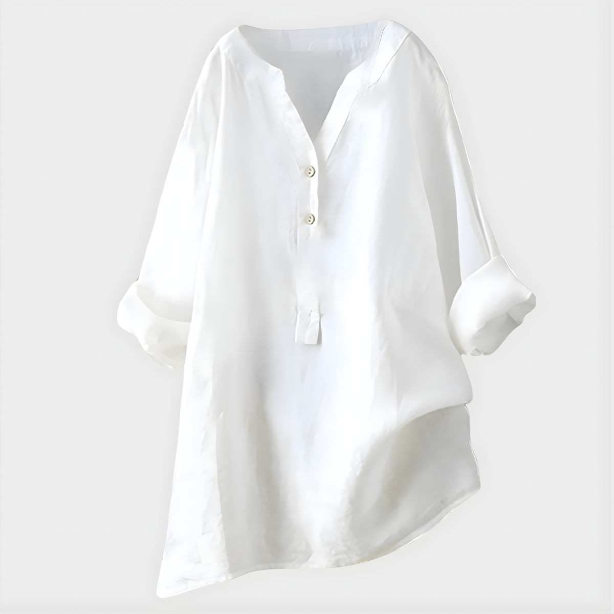 Blouse femme à col en V et patte de boutonnage 3 boutons manches longues botte roulées, coupe ample avec ourlet asymétrique