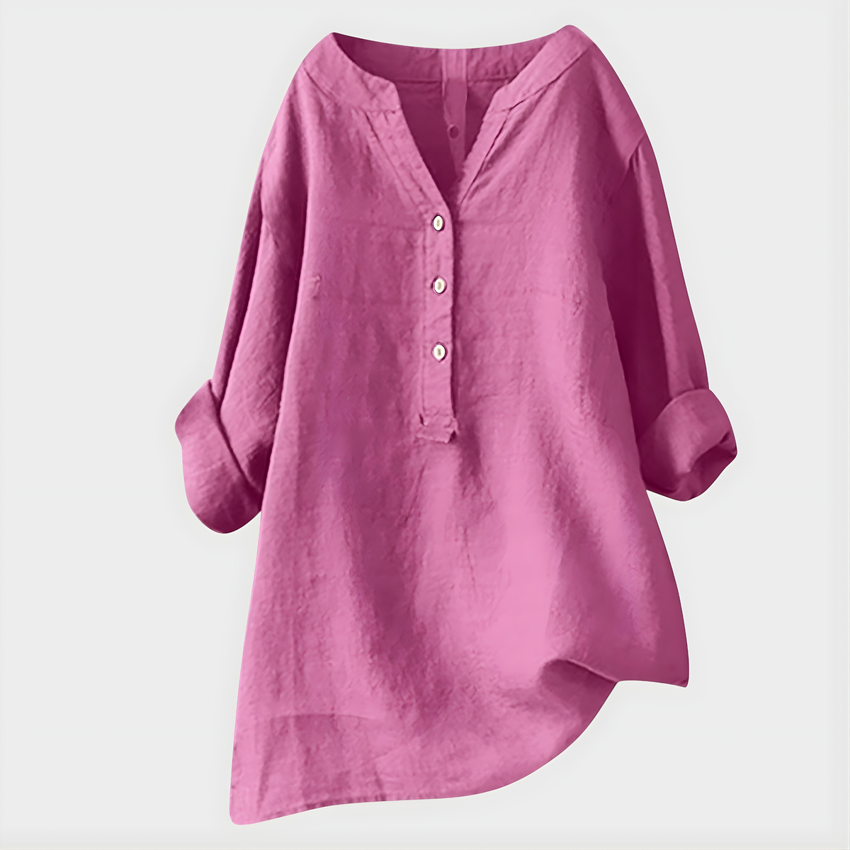 Blouse femme à col en V et patte de boutonnage 3 boutons manches longues botte roulées, coupe ample avec ourlet asymétrique