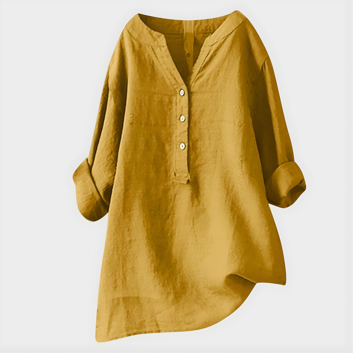 Blouse femme à col en V et patte de boutonnage 3 boutons manches longues botte roulées, coupe ample avec ourlet asymétrique