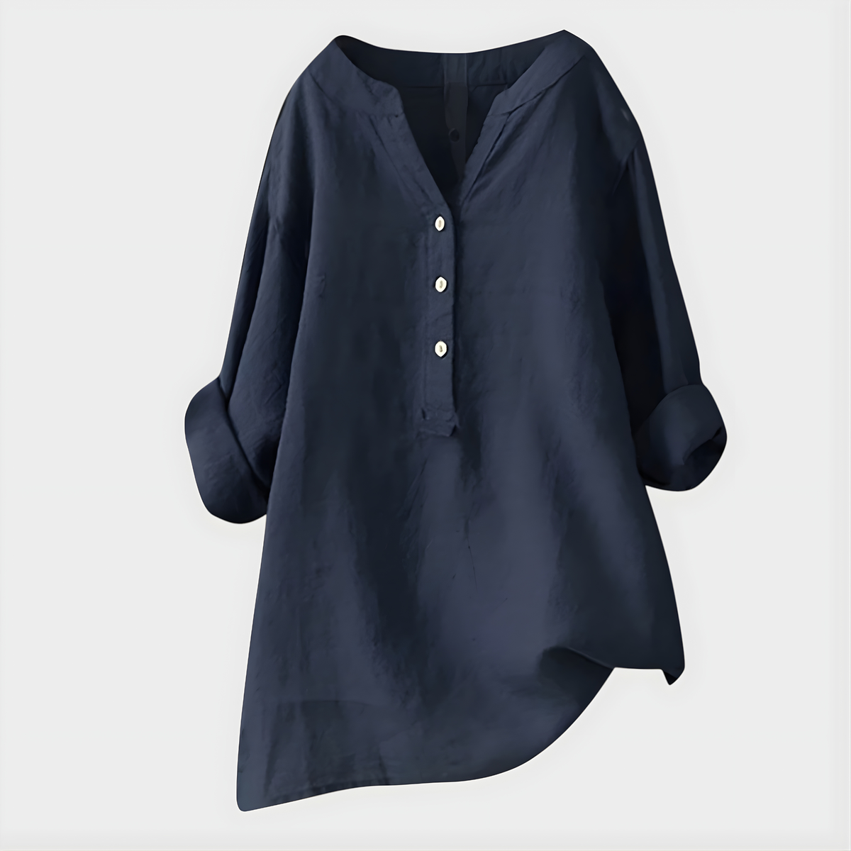 Blouse femme à col en V et patte de boutonnage 3 boutons manches longues botte roulées, coupe ample avec ourlet asymétrique