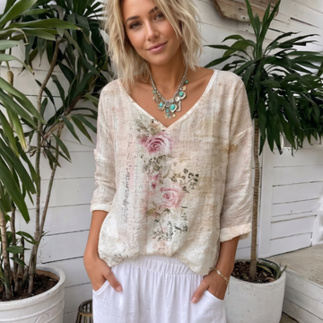 Blouse femme à col en V, manches longues, coupe décontractée, imprimé floral vintage