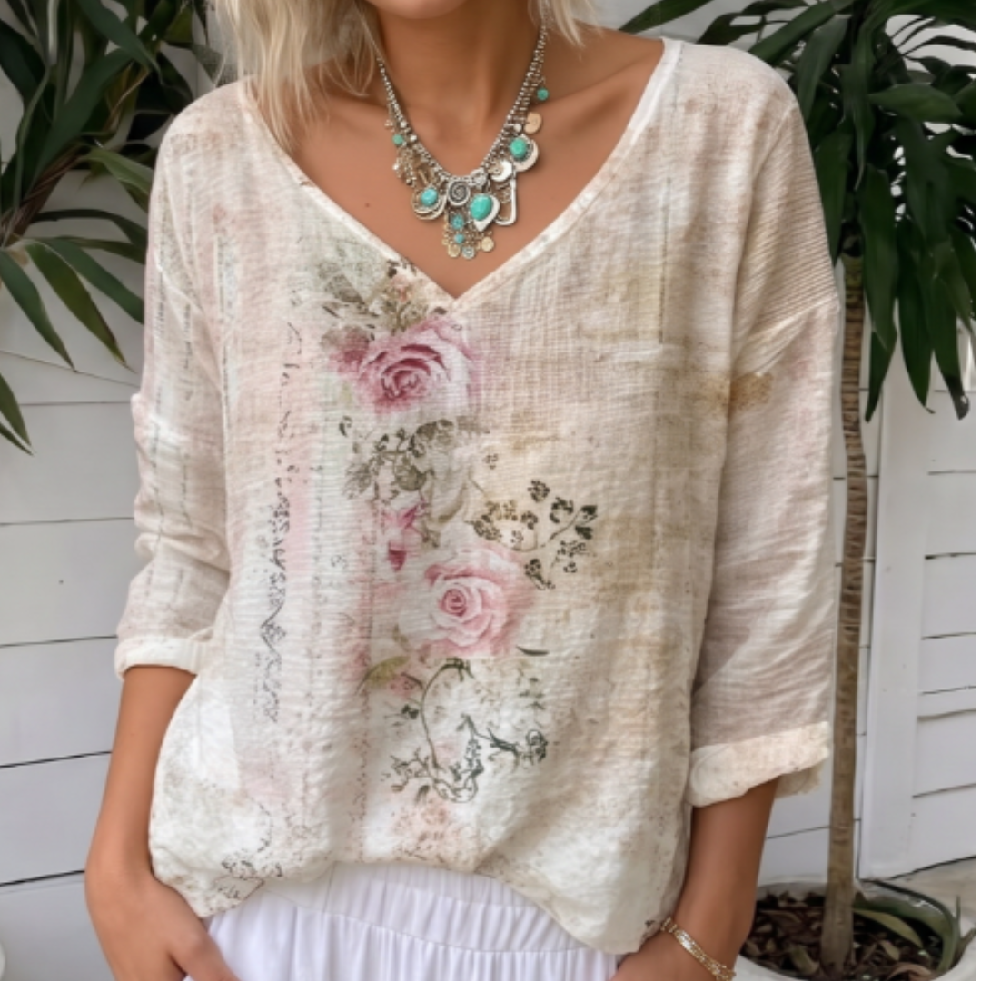 Blouse femme à col en V, manches longues, coupe décontractée, imprimé floral vintage