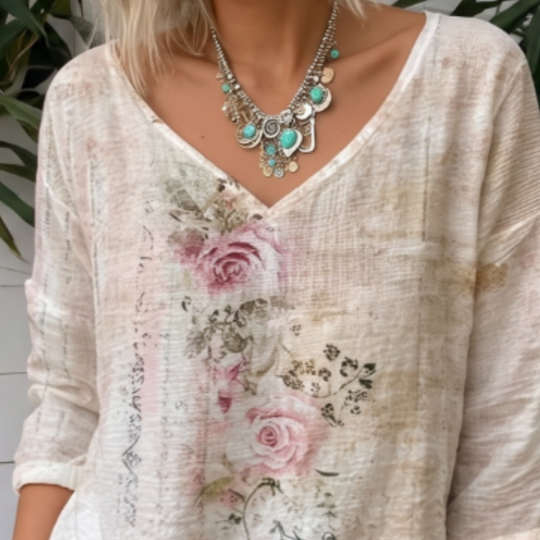 Blouse femme à col en V, manches longues, coupe décontractée, imprimé floral vintage