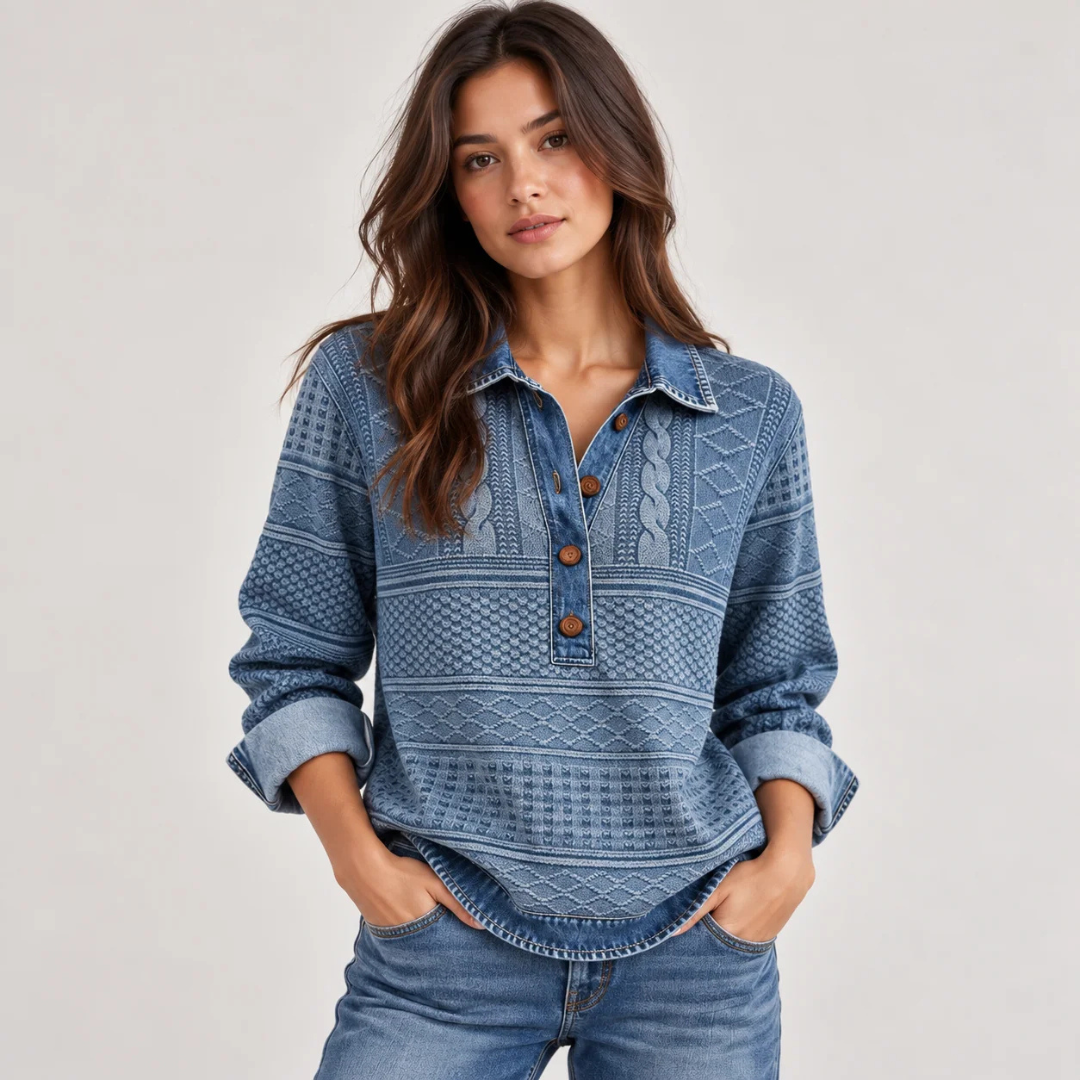 Blouse femme à col et poignets contrastés, manches longues, plastron boutonné partiel, coupe décontractée