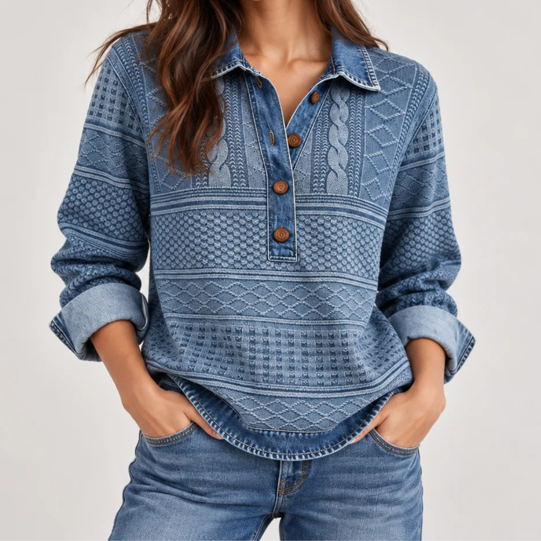 Blouse femme à col et poignets contrastés, manches longues, plastron boutonné partiel, coupe décontractée